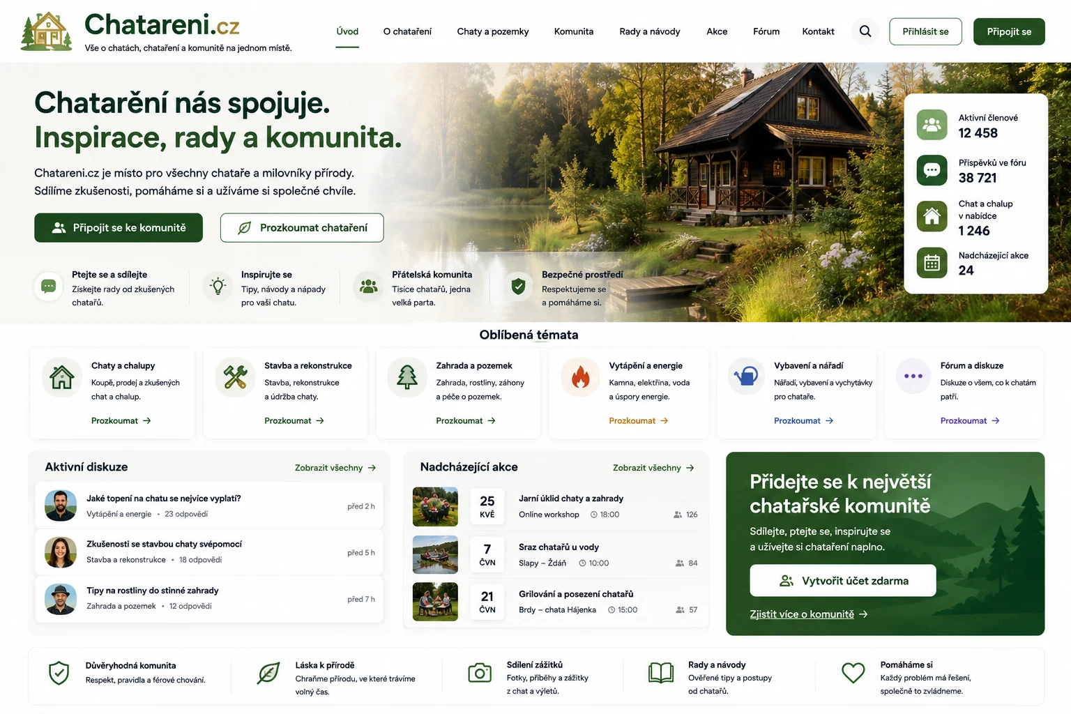 Vizuální návrh možného projektu Chatareni.cz zaměřeného na chaty, chalupy, pobyt v přírodě a komunitní obsah